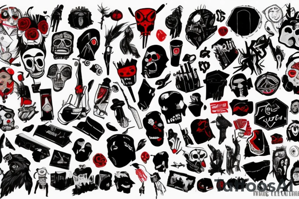trash polka, full sleeve with side neck, black and red, without skulls tattoo idea