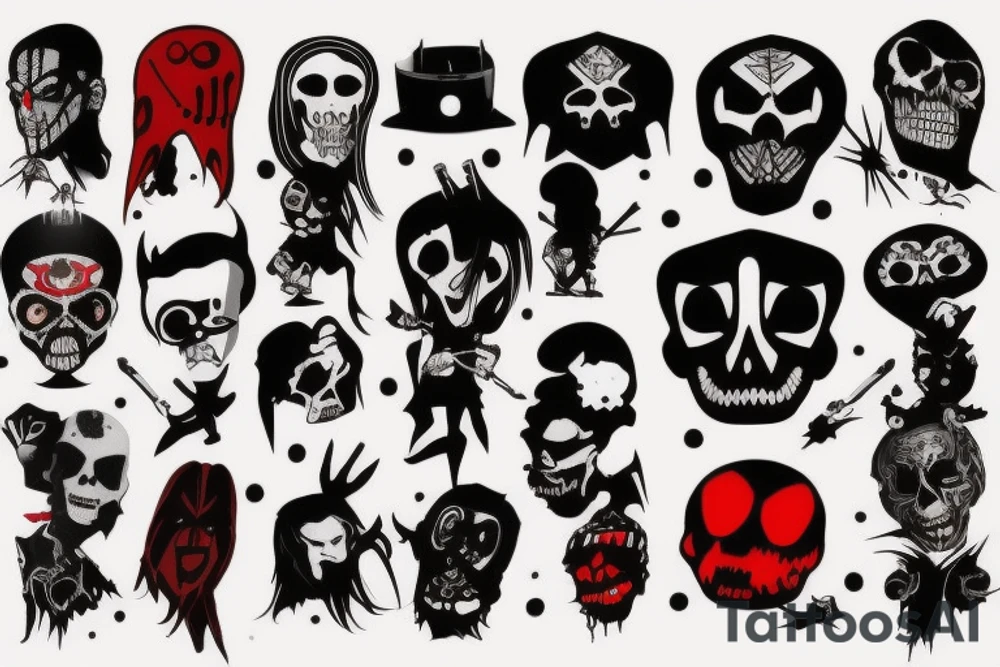 trash polka, full sleeve with side neck, black and red, without skulls tattoo idea