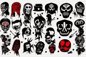 trash polka, full sleeve with side neck, black and red, without skulls tattoo idea