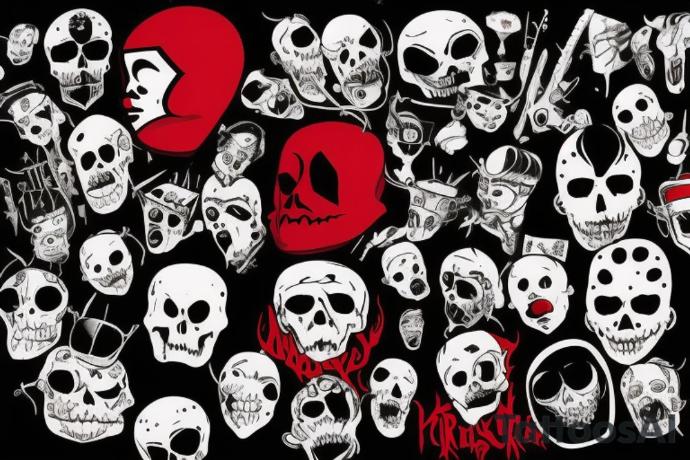 trash polka, full sleeve with side neck, black and red, without skulls tattoo idea