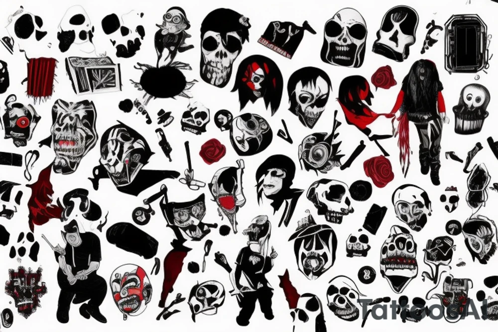 trash polka, full sleeve with side neck, black and red, without skulls tattoo idea