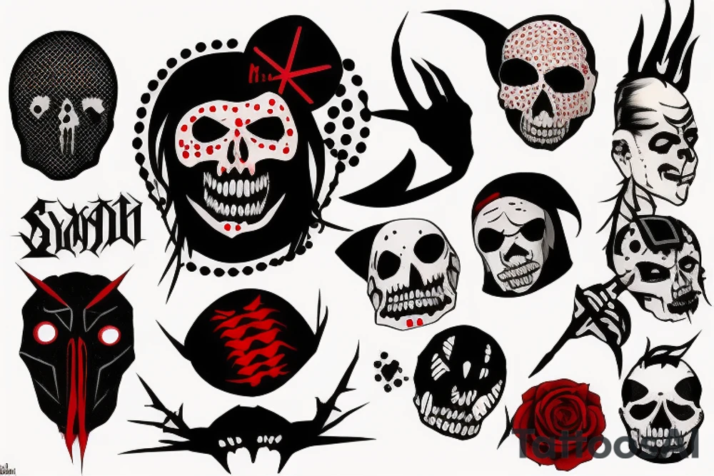 trash polka, full sleeve with side neck, black and red, without skulls tattoo idea