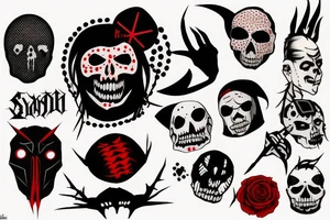 trash polka, full sleeve with side neck, black and red, without skulls tattoo idea