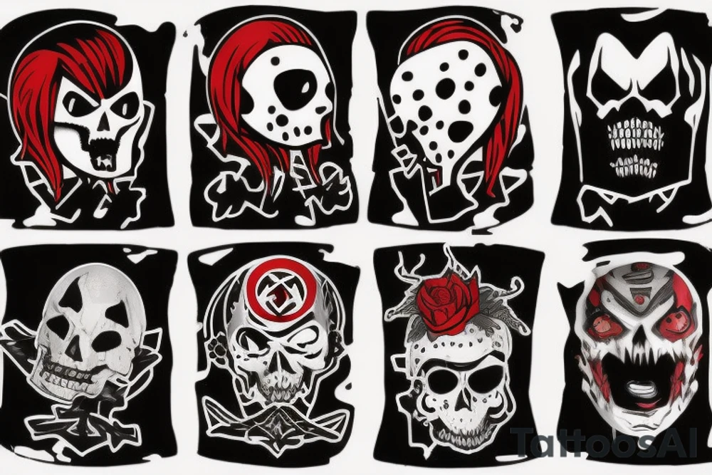 trash polka, full sleeve with side neck, black and red, without skulls tattoo idea