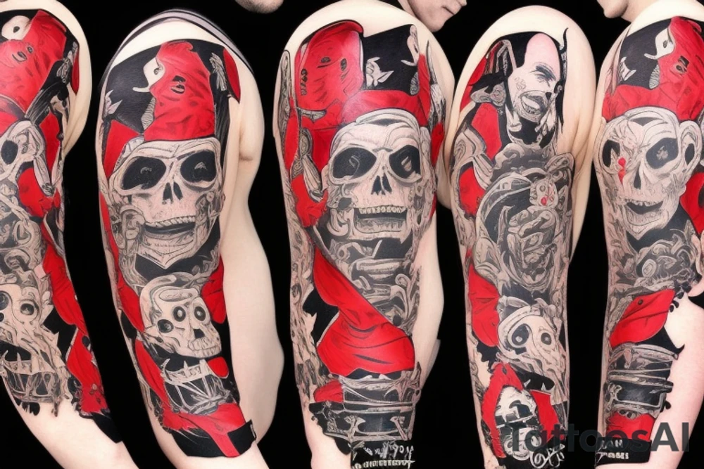 trash polka, full sleeve with side neck, black and red, without skulls tattoo idea