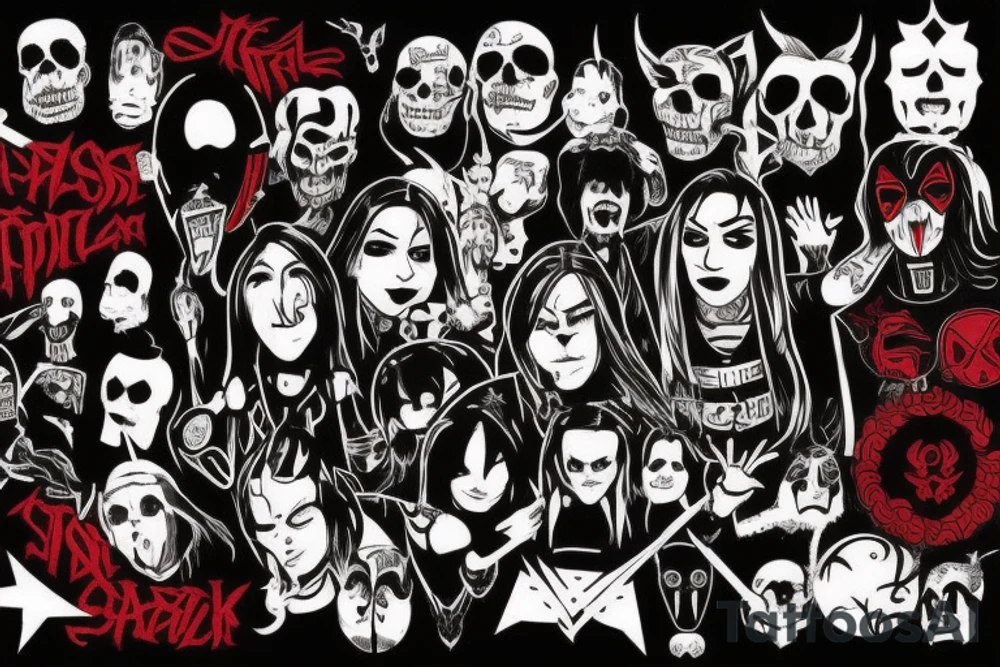 trash polka, full sleeve with side neck, black and red, without skulls tattoo idea