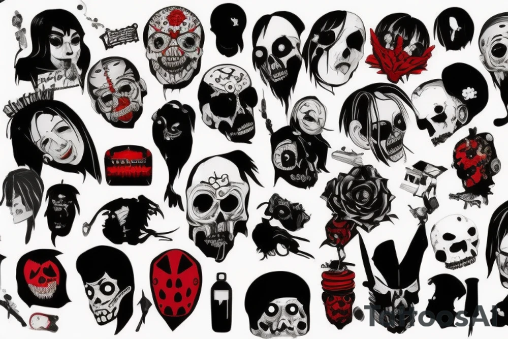 trash polka, full sleeve with side neck, black and red, without skulls tattoo idea