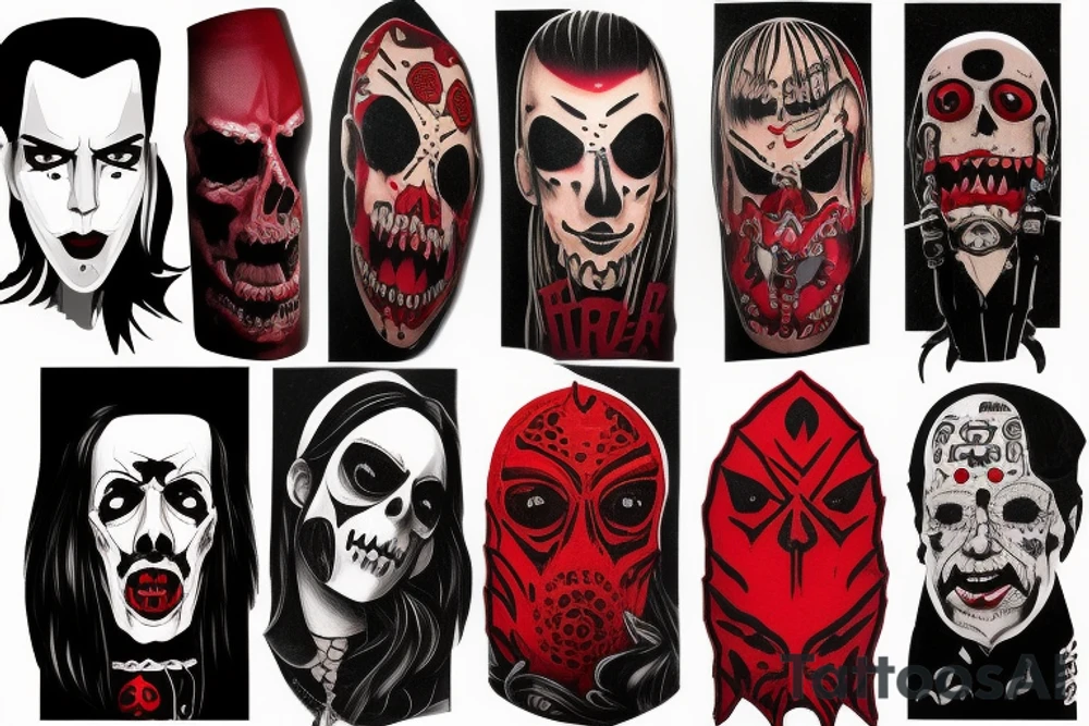 trash polka, full sleeve with side neck, black and red, without skulls tattoo idea