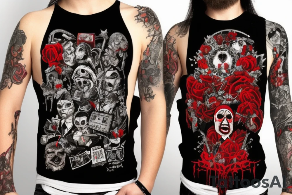 trash polka, full sleeve with side neck, black and red, without skulls tattoo idea
