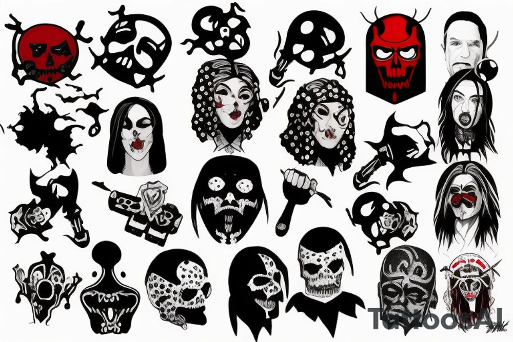 trash polka, full sleeve with side neck, black and red, without skulls tattoo idea