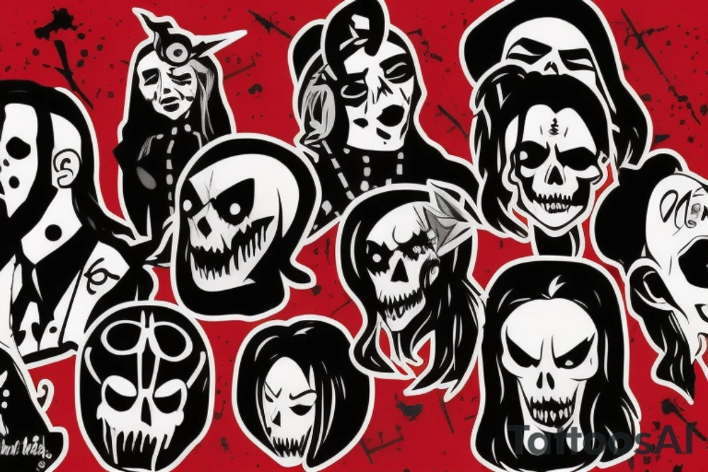 trash polka, full sleeve with side neck, black and red, without skulls tattoo idea