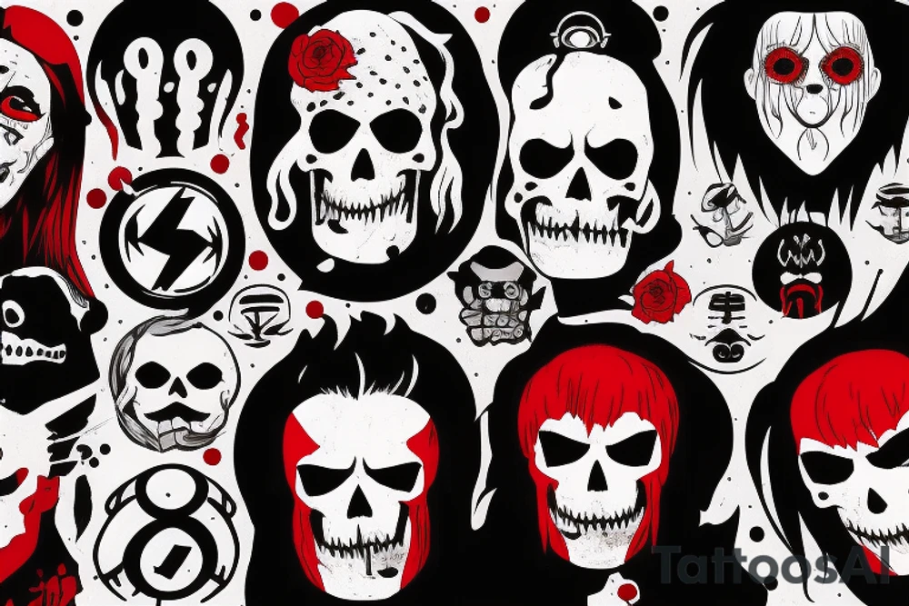 trash polka, full sleeve with side neck, black and red, without skulls tattoo idea