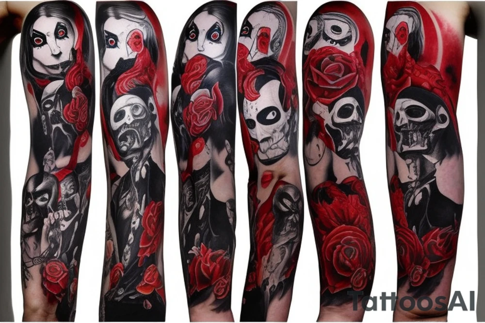 trash polka, full sleeve with side neck, black and red, without skulls tattoo idea
