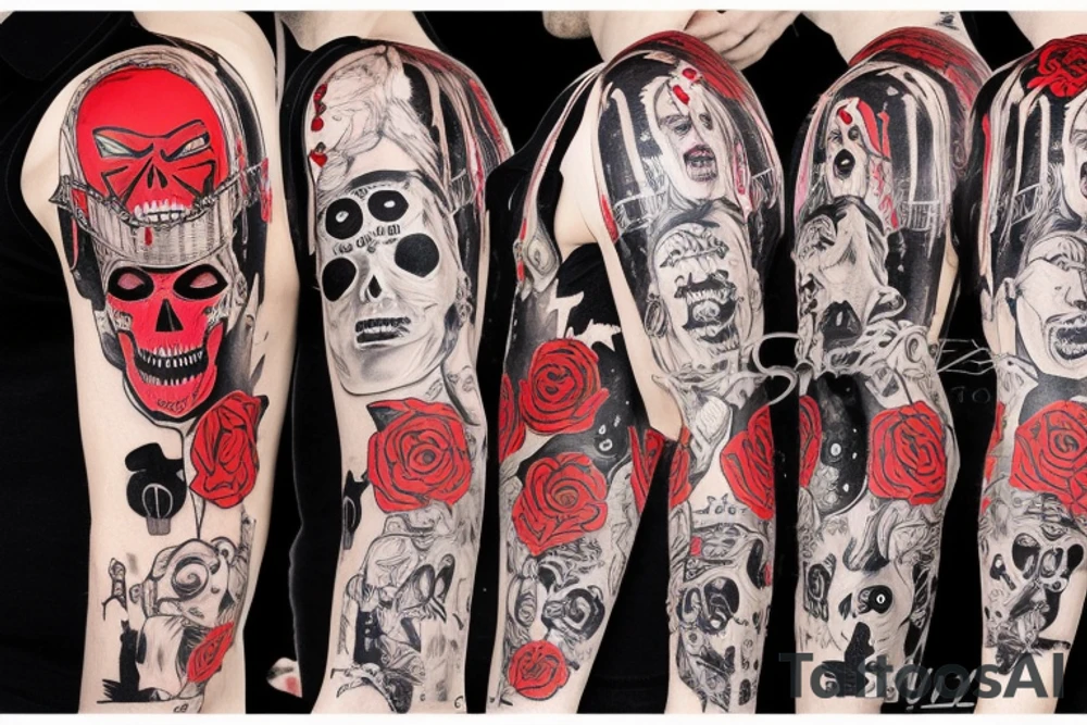 trash polka, full sleeve with side neck, black and red, without skulls tattoo idea