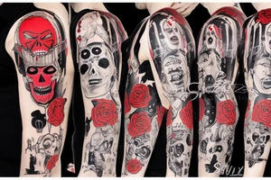trash polka, full sleeve with side neck, black and red, without skulls tattoo idea