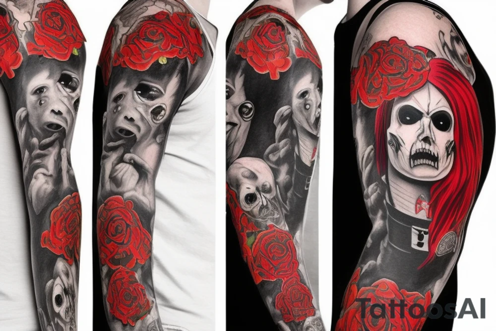trash polka, full sleeve with side neck, black and red, without skulls tattoo idea