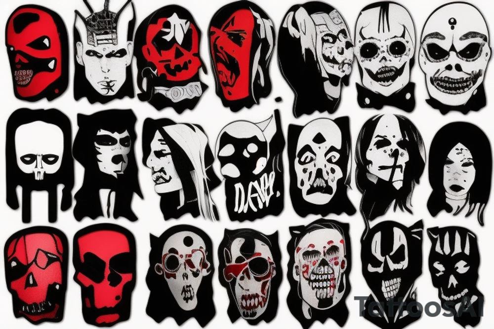 trash polka, full sleeve with side neck, black and red, without skulls tattoo idea