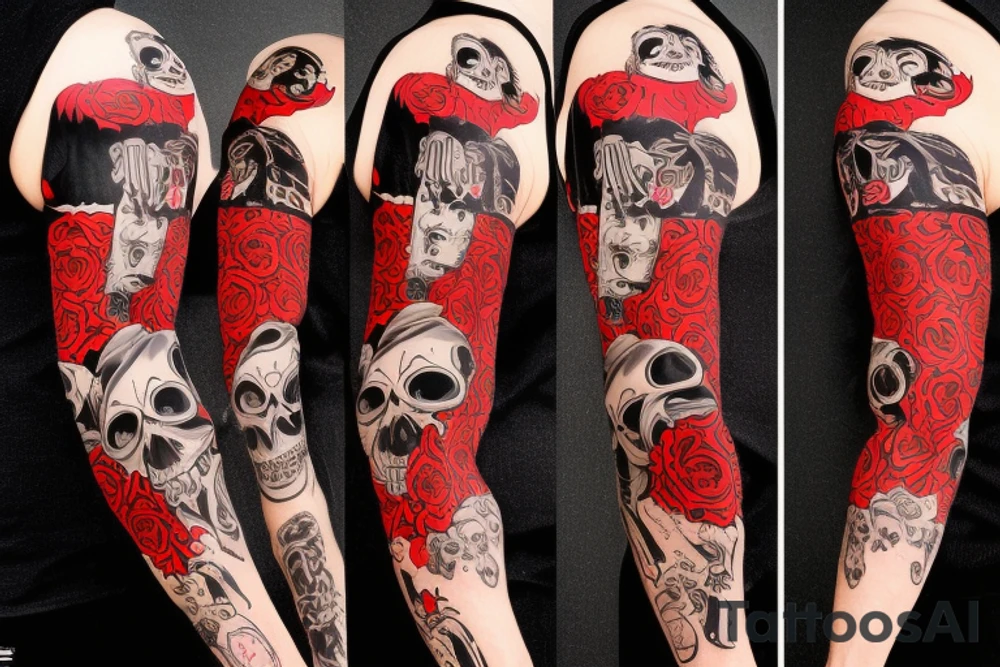 trash polka, full sleeve with side neck, black and red, without skulls tattoo idea