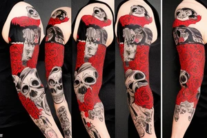 trash polka, full sleeve with side neck, black and red, without skulls tattoo idea