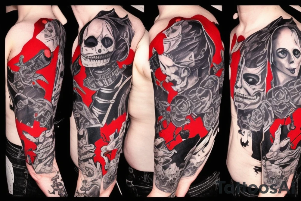 trash polka, full sleeve with side neck, black and red, without skulls tattoo idea