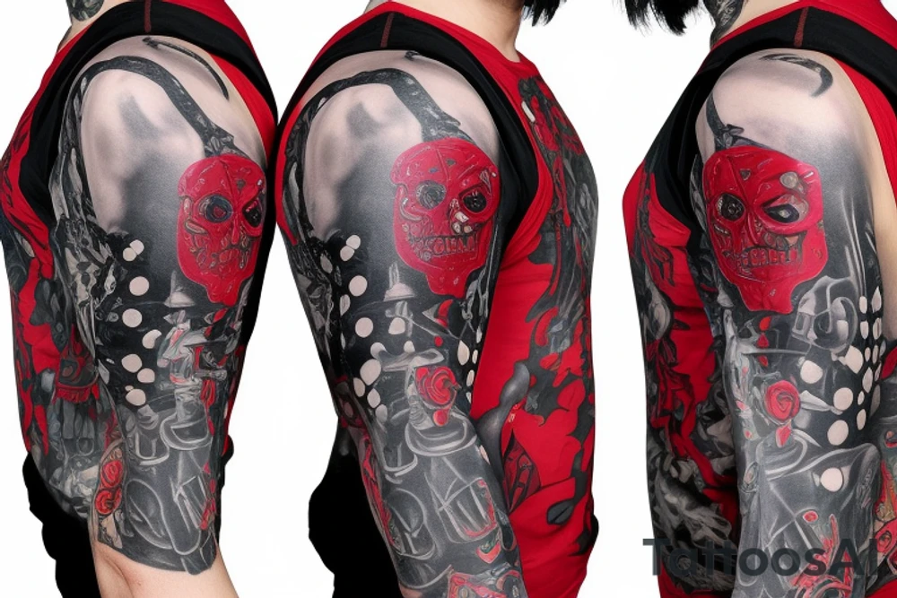 trash polka, full sleeve with side neck, black and red, without skulls tattoo idea