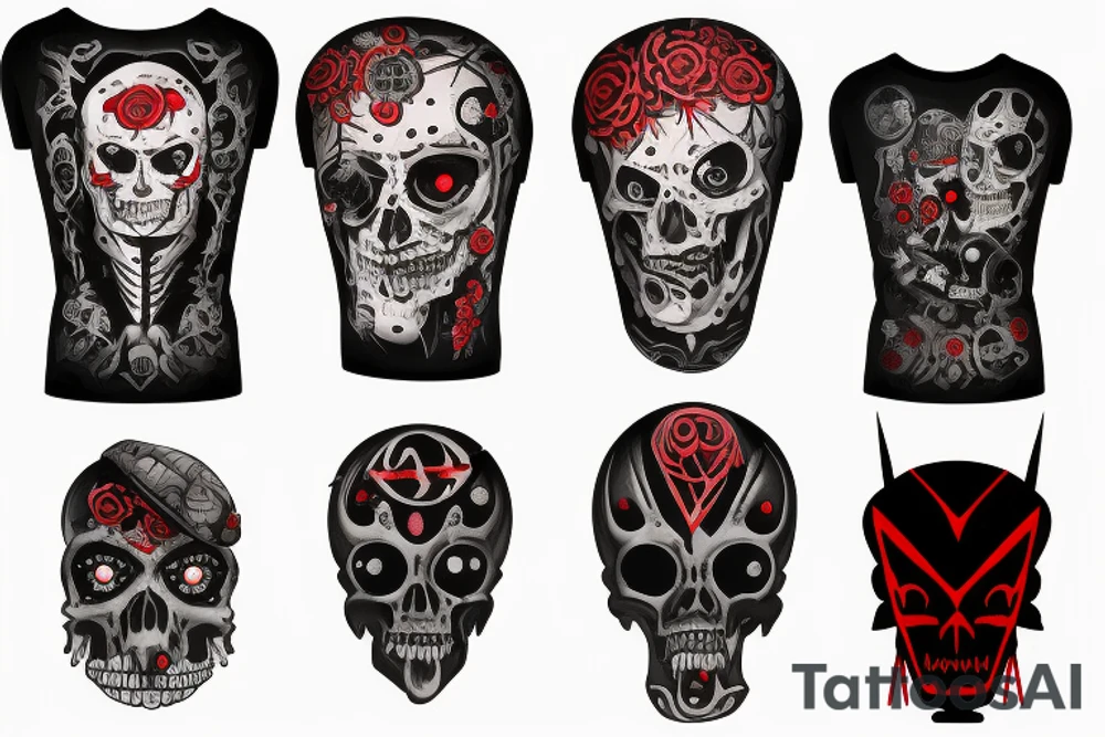 trash polka, full sleeve with side neck, black and red, without skulls tattoo idea