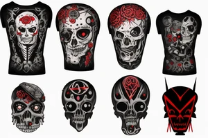 trash polka, full sleeve with side neck, black and red, without skulls tattoo idea