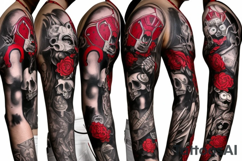 trash polka, full sleeve with side neck, black and red, without skulls tattoo idea