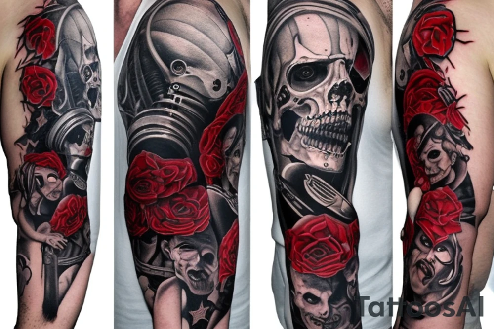 trash polka, full sleeve with side neck, black and red, without skulls tattoo idea
