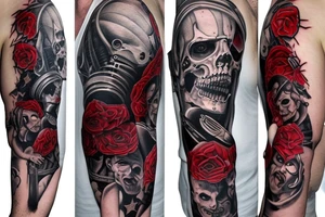 trash polka, full sleeve with side neck, black and red, without skulls tattoo idea