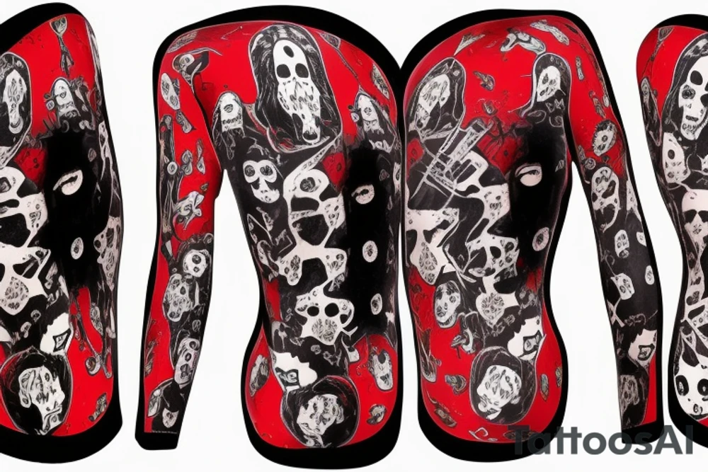 trash polka, full sleeve with side neck, black and red, without skulls tattoo idea
