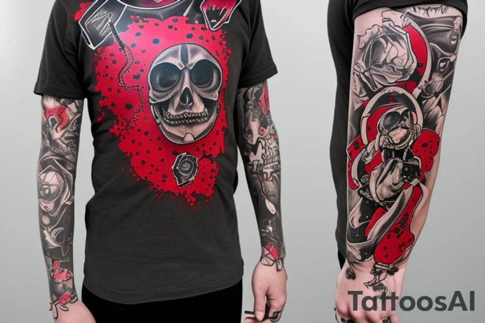 trash polka, full sleeve with side neck, black and red, without skulls tattoo idea