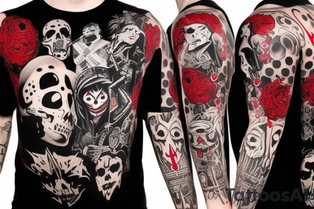 trash polka, full sleeve with side neck, black and red, without skulls tattoo idea