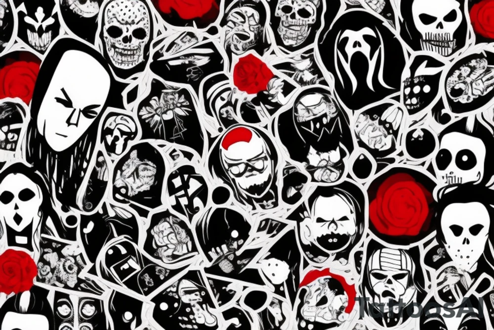 trash polka, full sleeve with side neck, black and red, without skulls tattoo idea