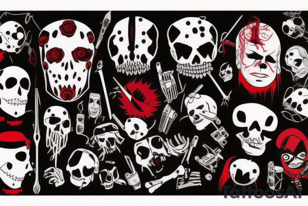 trash polka, full sleeve with side neck, black and red, without skulls tattoo idea