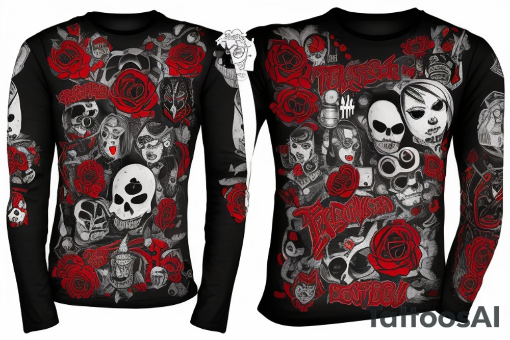 trash polka, full sleeve with side neck, black and red, without skulls tattoo idea