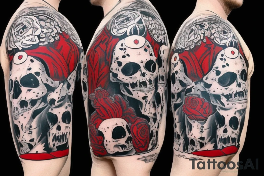 trash polka, full sleeve with side neck, black and red, without skulls tattoo idea