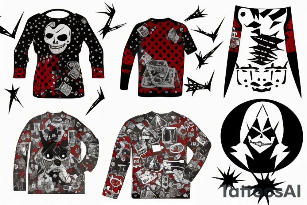 trash polka, full sleeve with side neck, black and red, without skulls tattoo idea