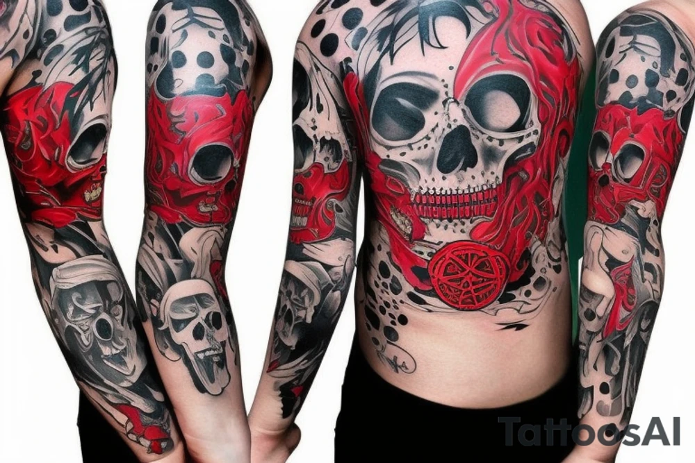 trash polka, full sleeve with side neck, black and red, without skulls tattoo idea