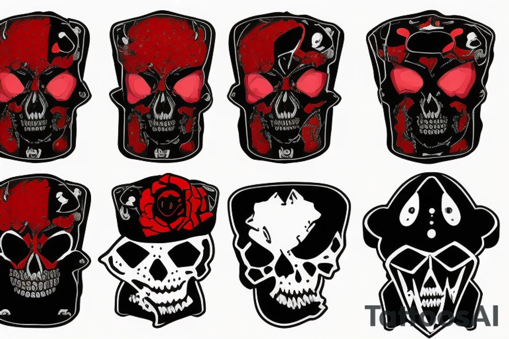 trash polka, full sleeve with side neck, black and red, without skulls tattoo idea