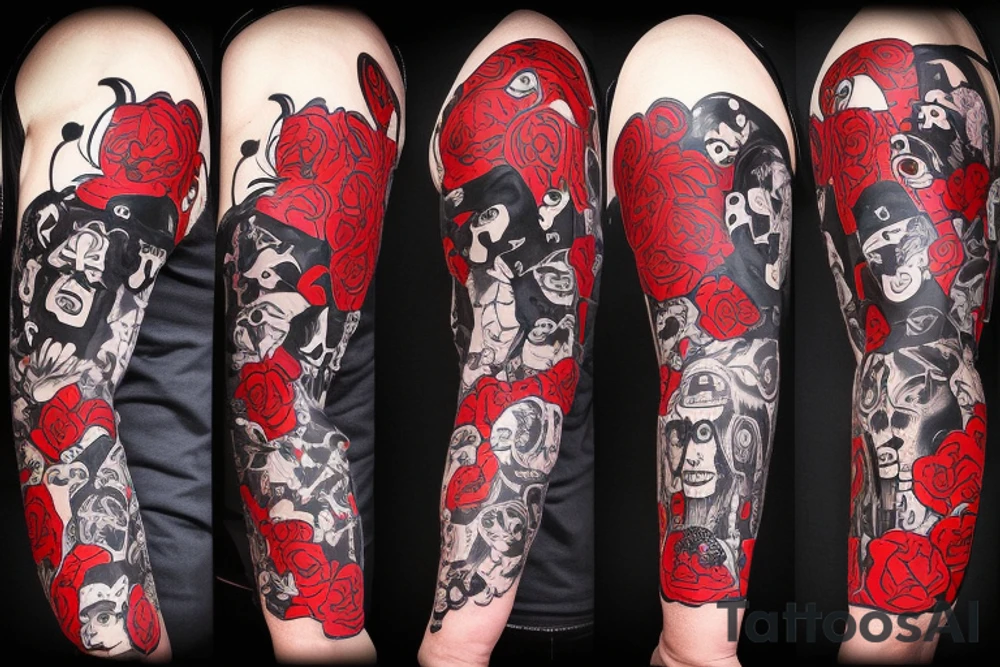 trash polka, full sleeve with side neck, black and red, without skulls tattoo idea