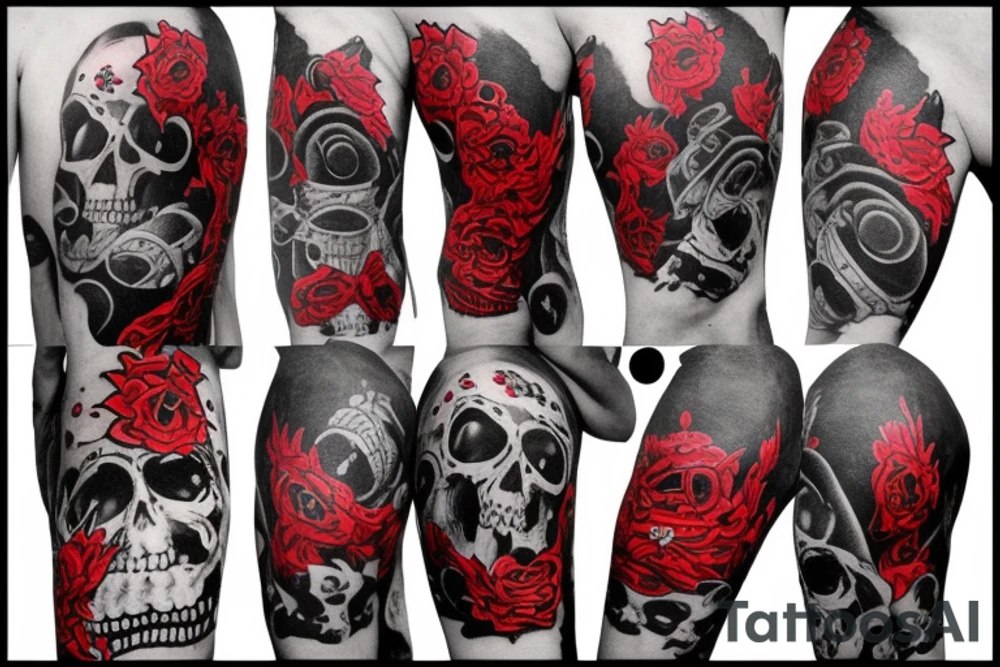 trash polka, full sleeve with side neck, black and red, without skulls tattoo idea