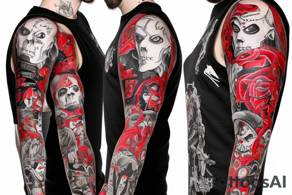 trash polka, full sleeve with side neck, black and red, without skulls tattoo idea