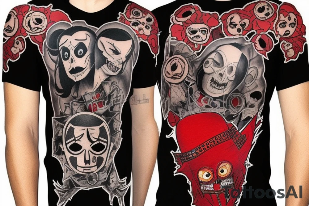 trash polka, full sleeve with side neck, black and red, without skulls tattoo idea