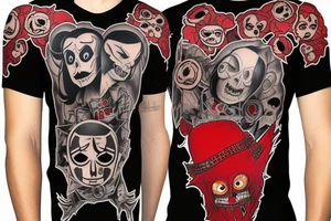 trash polka, full sleeve with side neck, black and red, without skulls tattoo idea