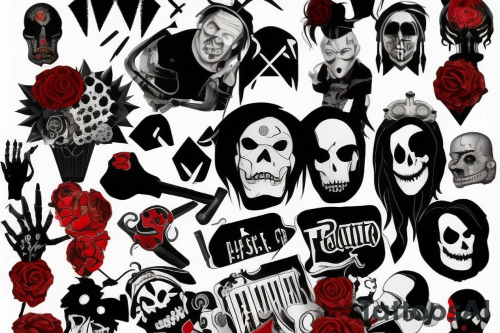 trash polka, full sleeve with side neck, black and red, without skulls tattoo idea