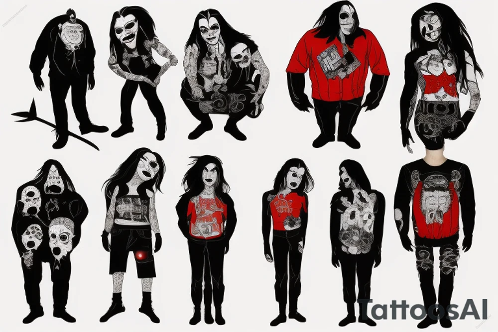 trash polka, full sleeve with side neck, black and red, without skulls tattoo idea