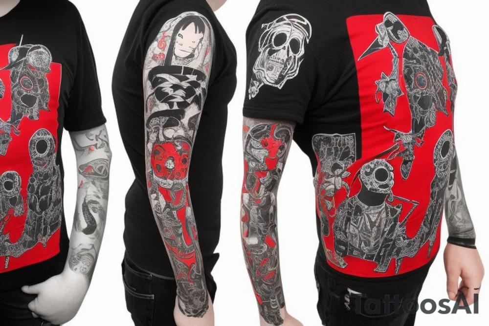 trash polka, full sleeve with side neck, black and red, without skulls tattoo idea