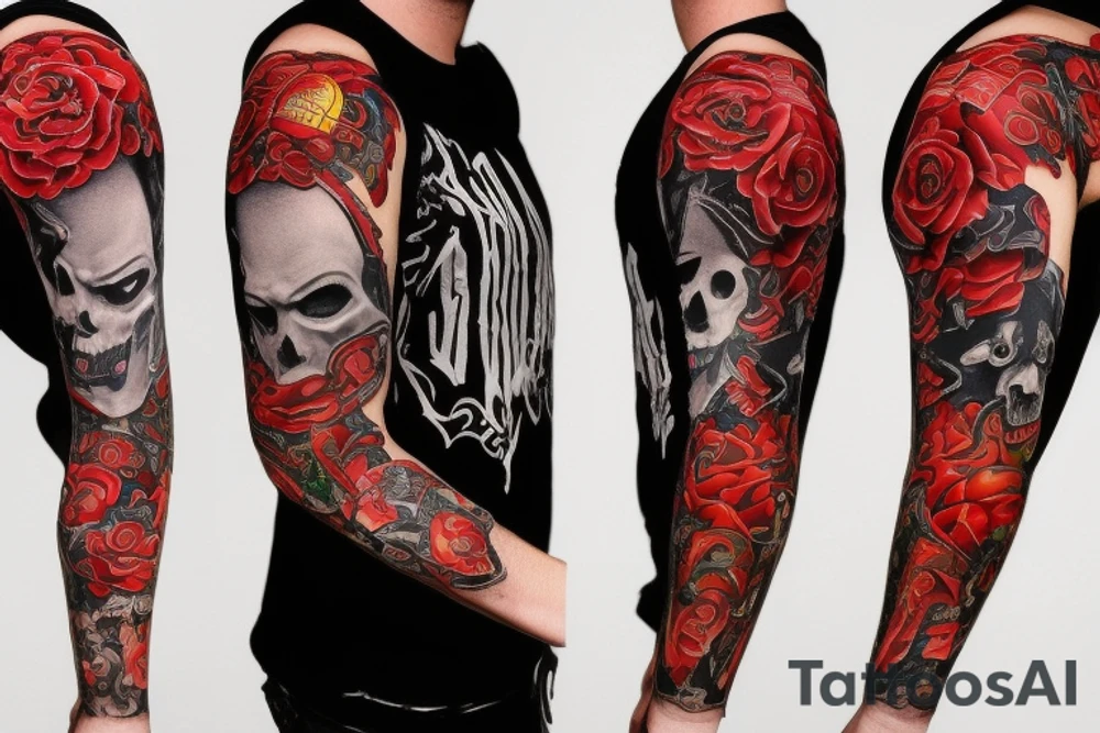 trash polka, full sleeve with side neck, black and red, without skulls tattoo idea