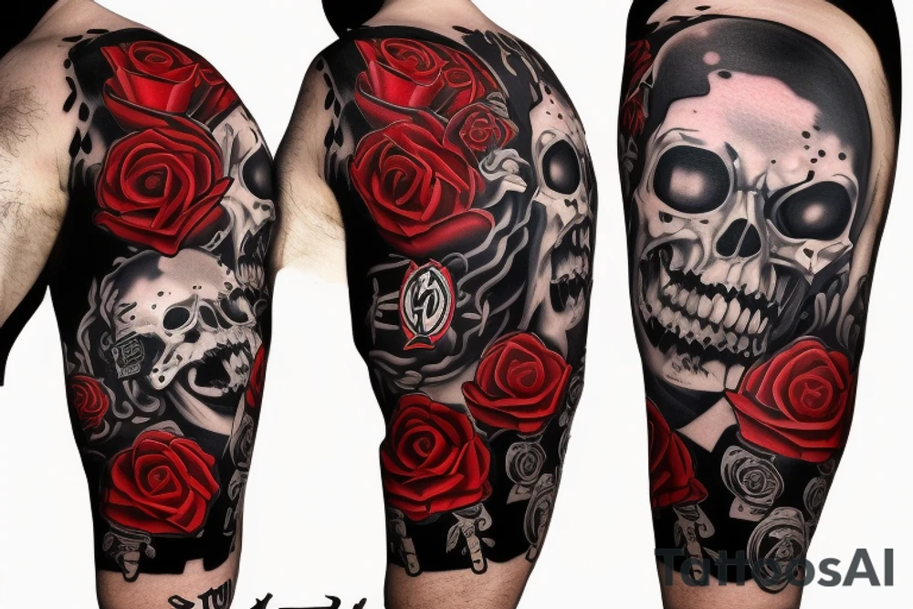 trash polka, full sleeve with side neck, black and red, without skulls tattoo idea